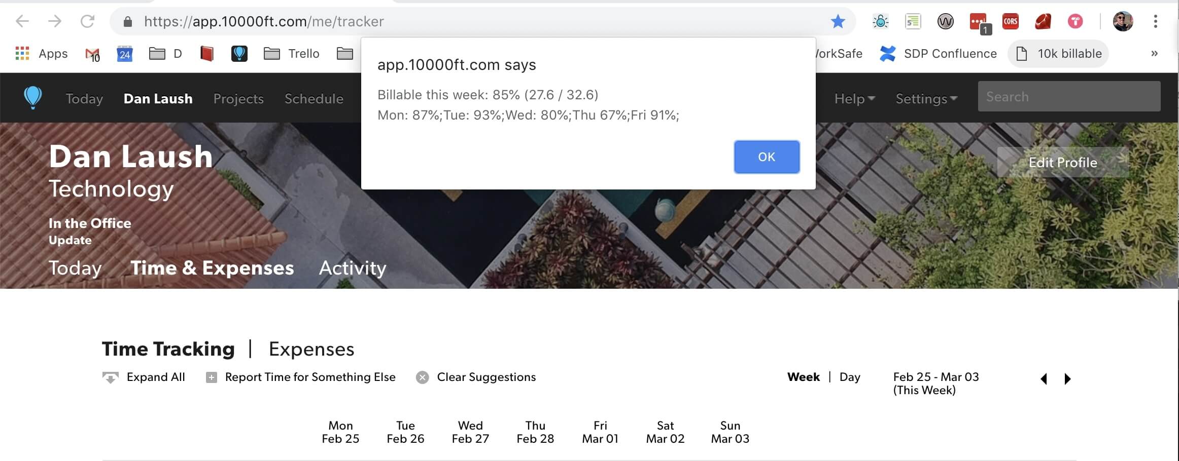 A screenshot of the 10k app showing the results of running the bookmarklet. An Alert window appears, listing your billable time for the week and for each day as a percentage