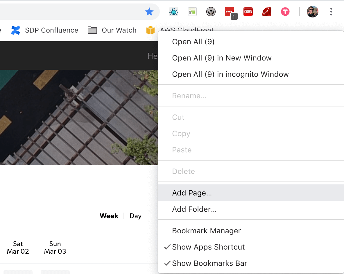 The bookmarks toolbar right-click menu contains many items. Click the 'Add Page' option.